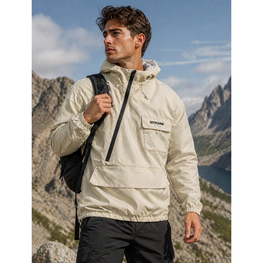 Sixth June Paris Beige Tech Anorak Jacket Half Zip Windbreaker Men Size M